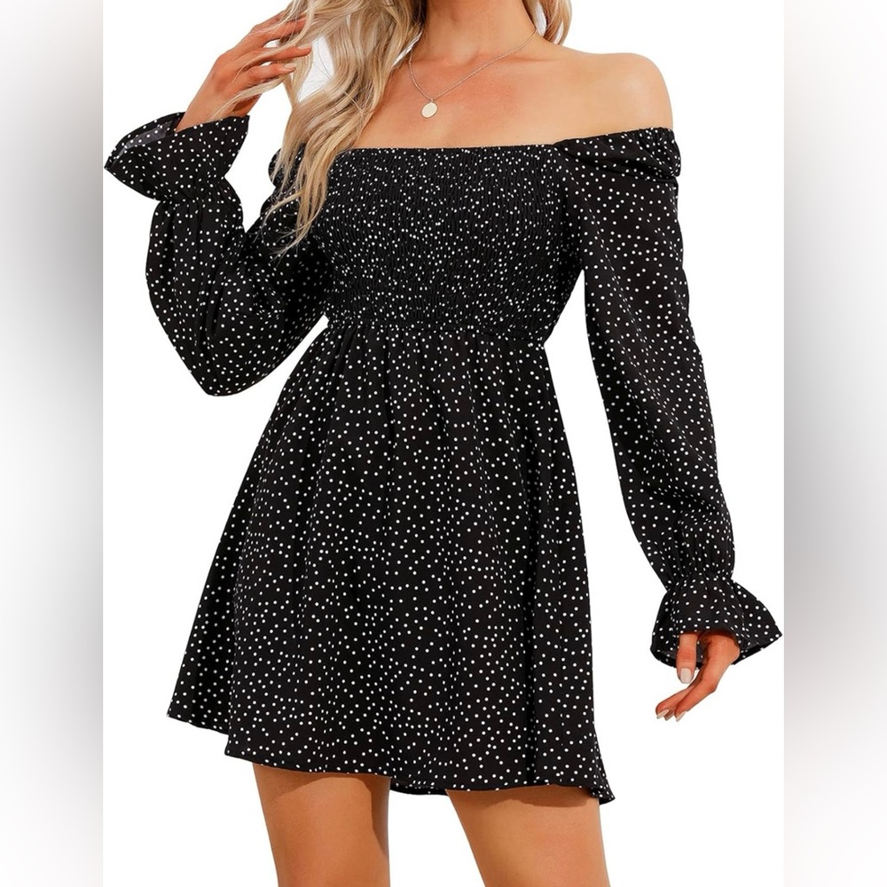 Square neck, off the shoulder long sleeve, high waist polka dot dress